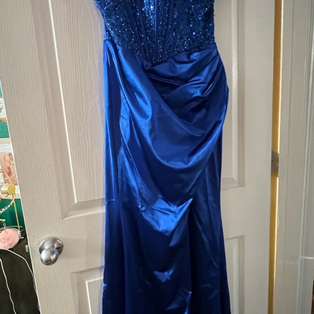 Portia & Scarlett Cobalt Blue Halter Gown - Picture 2 of 5